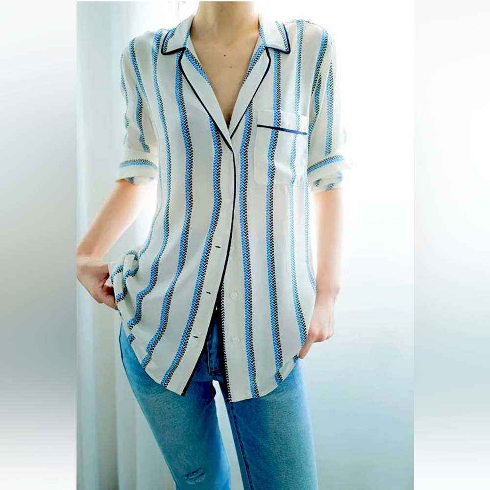 New Blue-Black Stripes Print Equipment 100% Silk V-Neck Pajama Style Blouses
